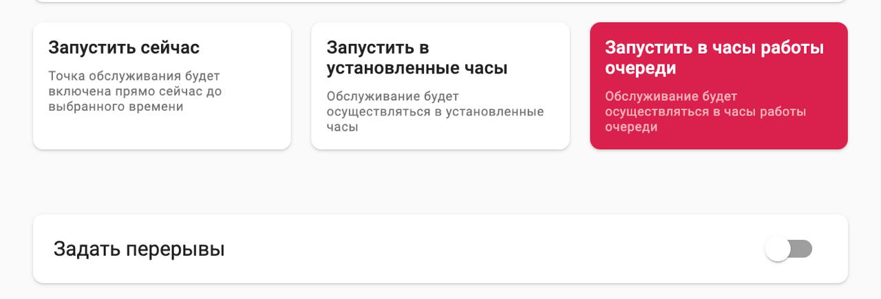 Страница запуска точки обслуживания, режим «Запустить в часы работы очереди»