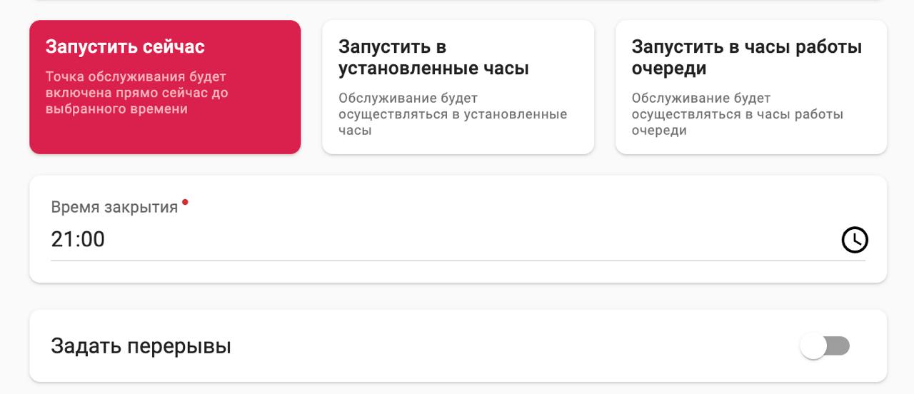 Страница запуска точки обслуживания, режим «Запустить сейчас»