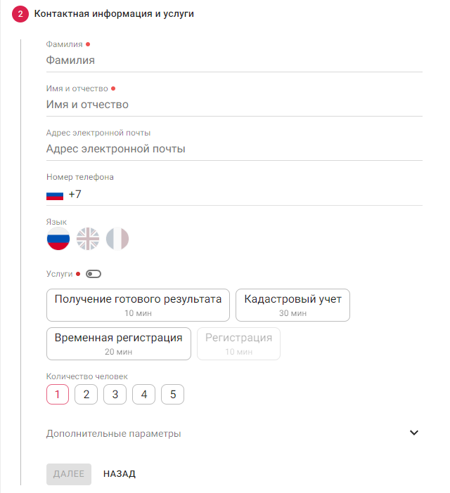 Страница добавления позиции, 2-ой шаг: контактная информация и услуги